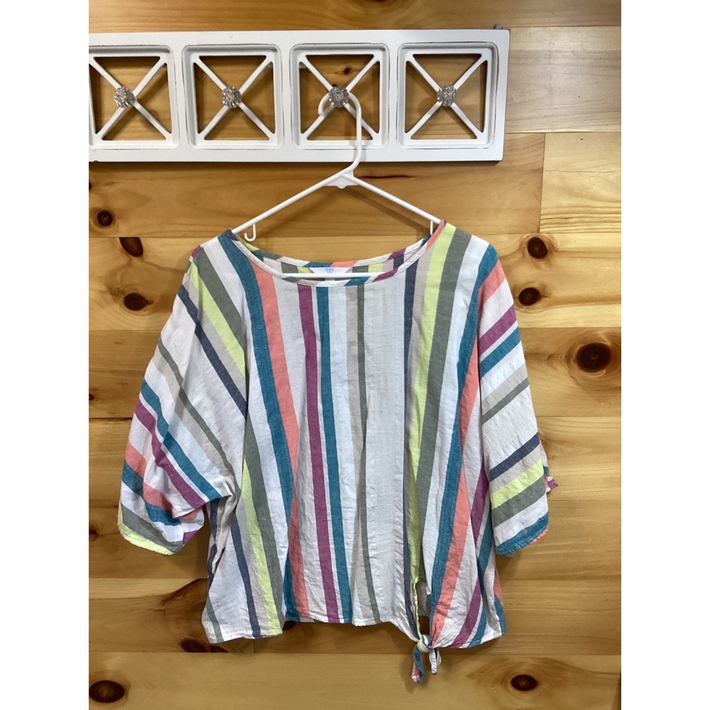Time and Tru Women Multi Stripe Side Tie Cotton Linen Blend Top Large Beachy